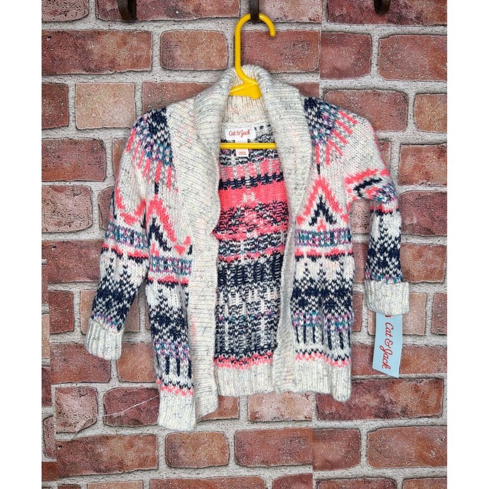 Cat & Jack Baby Girls 12M Fair Isle Cardigan Sweater Pink Navy Metallic NWT